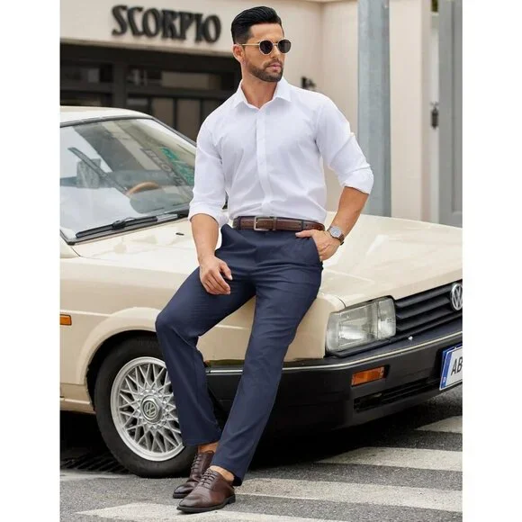 Coofandy Men Navy Blue Elastic Waist Business Dress Pants with Pockets